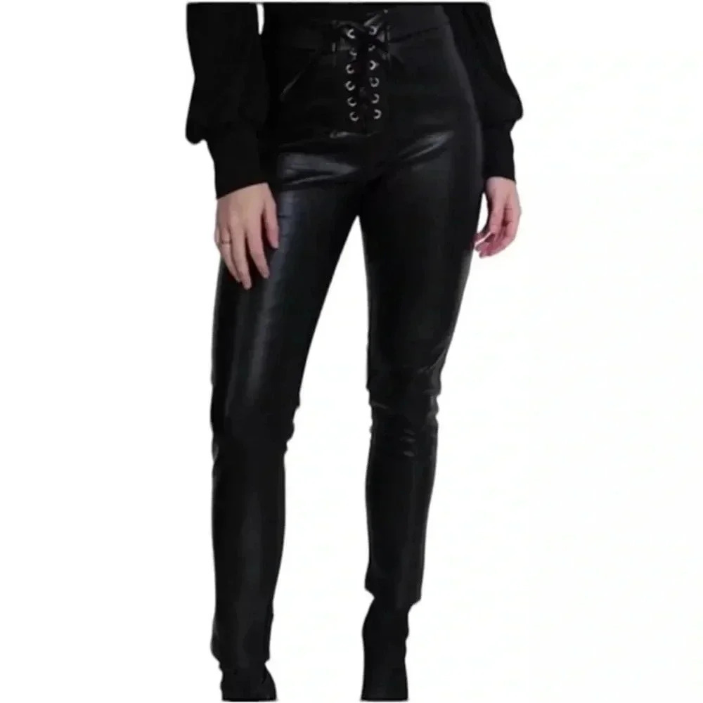Kittenish Black Vegan Leather Lace Tie Front Pants Size Large Excellent Conditio